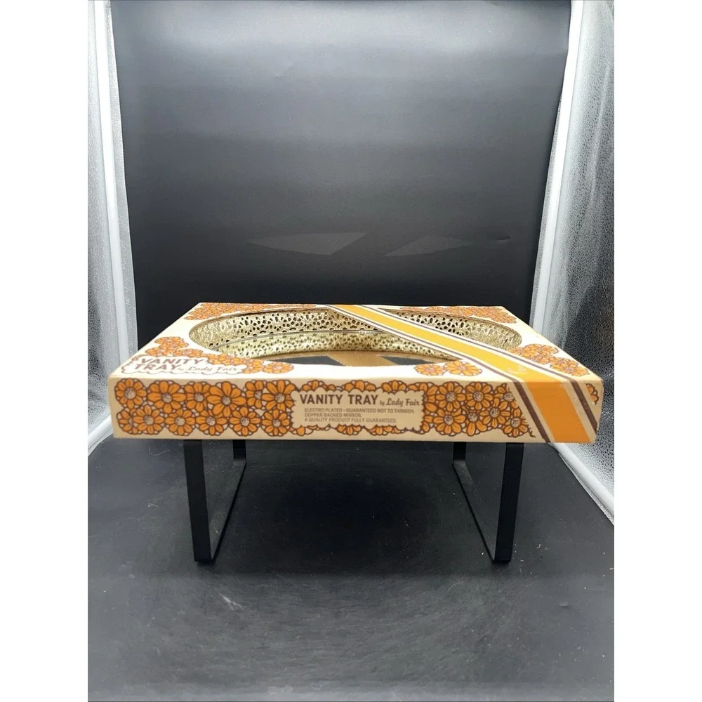 VTG Dresser Tray Mirror Gold-tone Filigree Vanity Lady Fair New In Box 13